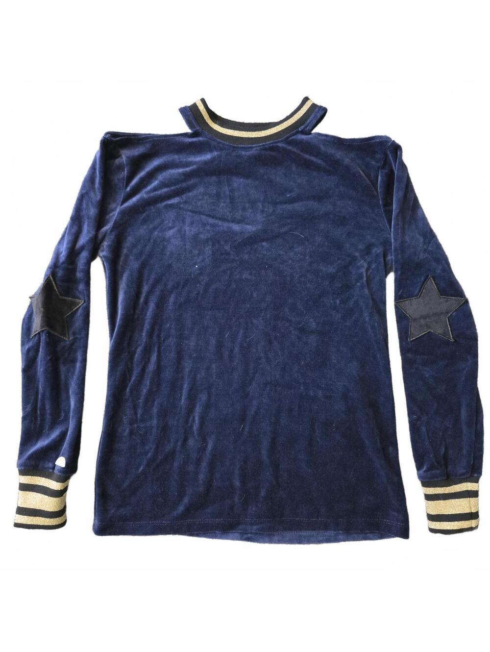 C&C California Navy Blue Velour Long Sleeve Top with Star Elbow Patches XS